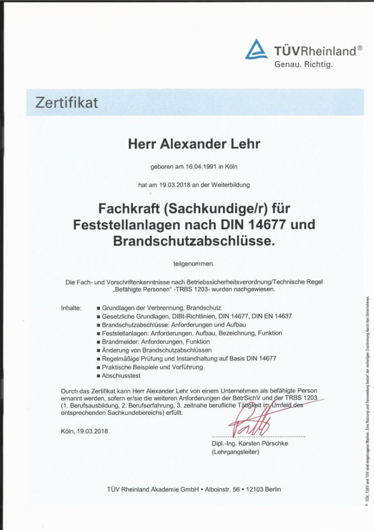 Zertifikat Fachkraft Feststellanlagen und Brandschutzabschluesse