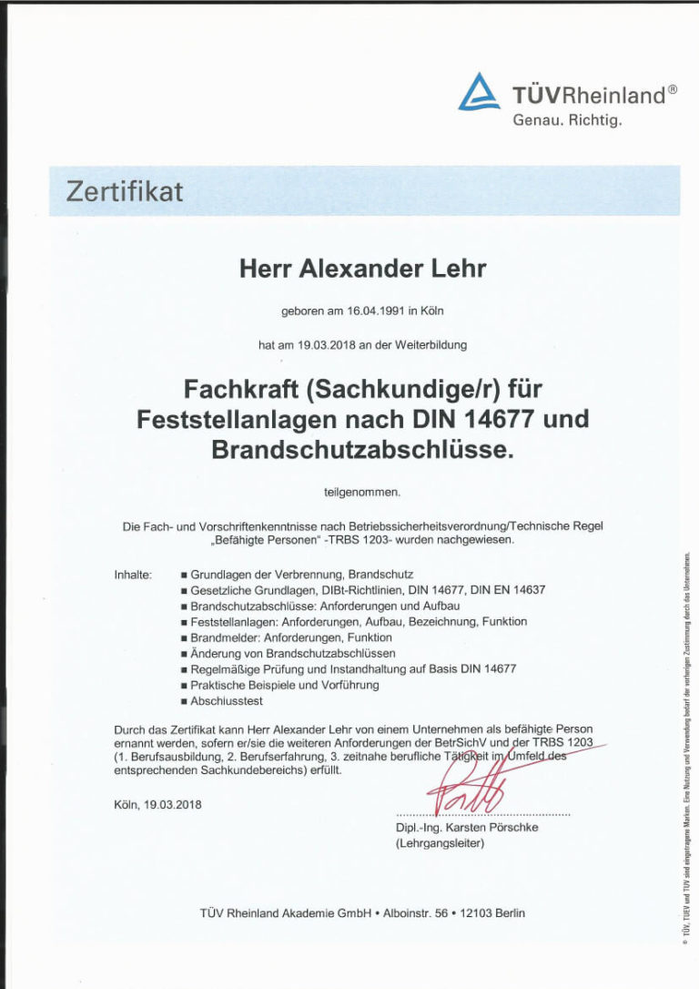 Zertifikat Fachkraft Feststellanlagen und Brandschutzabschlüsse