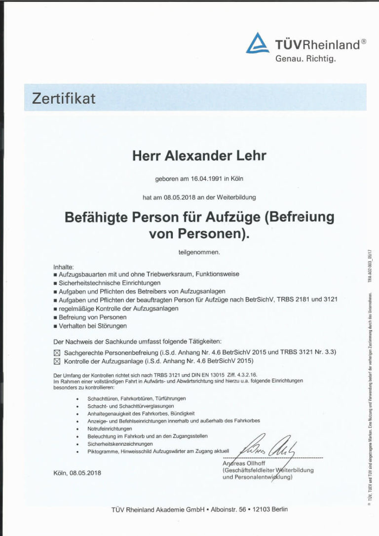 Zertifikat Befähigte Person für Aufzüge